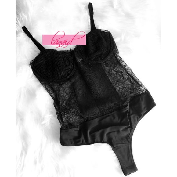 For Love & Lemons Stardust Bodysuit Black Lace Sheer Sweetheart Bustier Cut-Outs - Picture 4 of 8